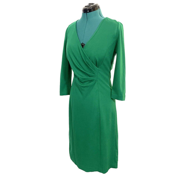 Talbots Green Long Sleeve Faux Wrap Ponte Dress Side Ruched Womens Size 4 - Picture 3 of 9